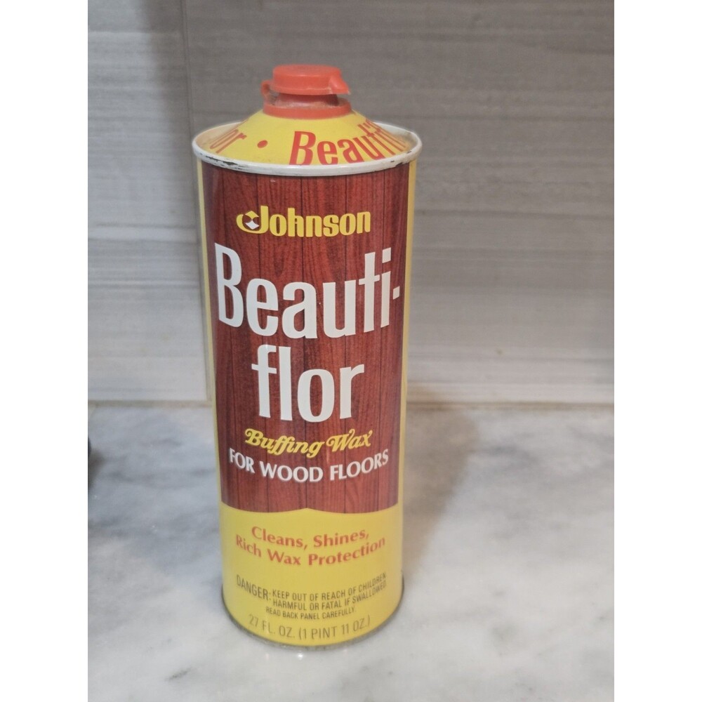 Vintage Johnson Beauti-flor Buffing Wax Wood Floor Cleaner 27 oz Metal Can...